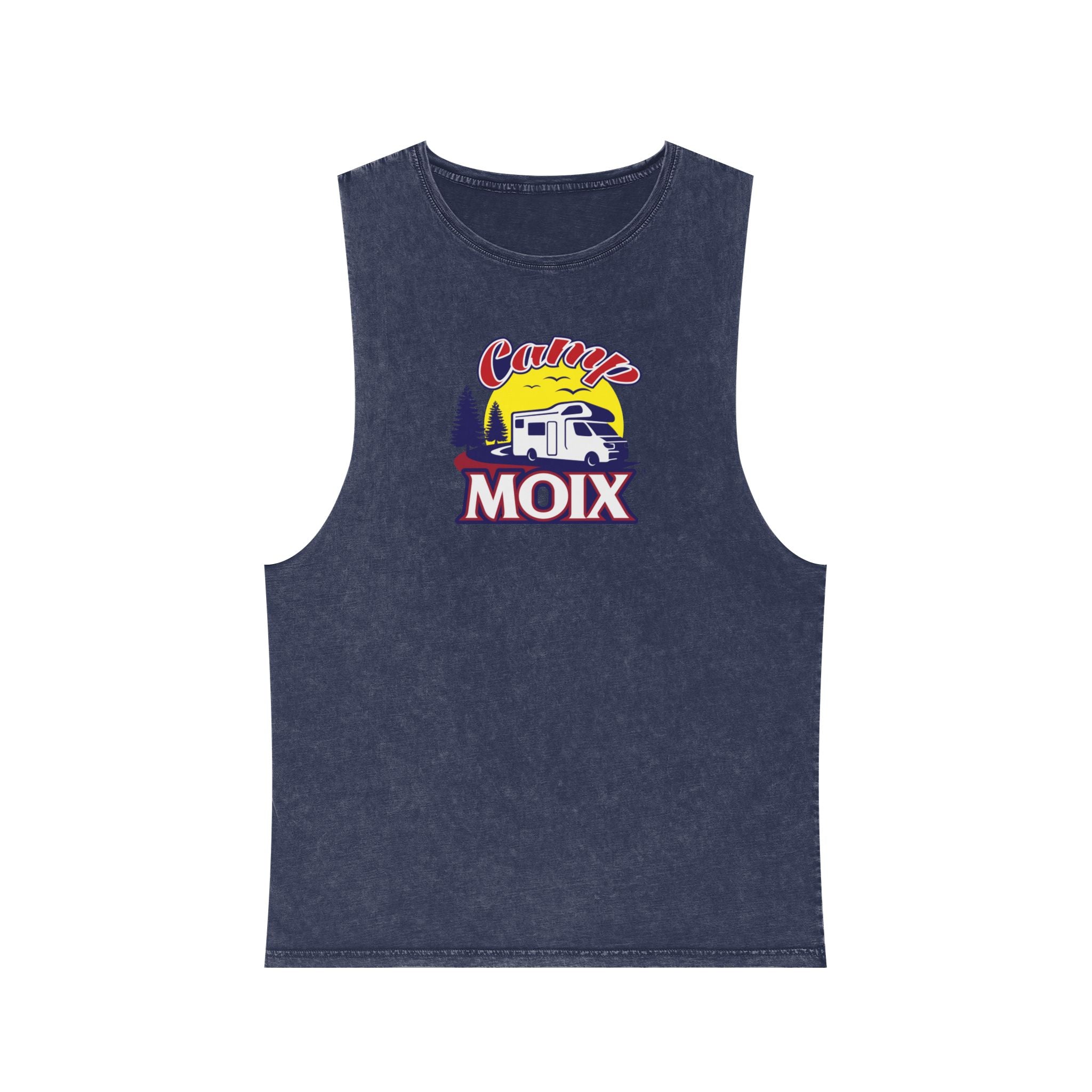 Retro RV Camping Tank Top — "Campy Moix" Stonewash Sleeveless Tee