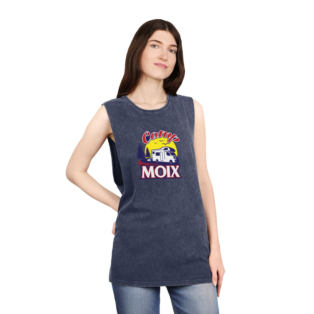 Retro RV Camping Tank Top — "Campy Moix" Stonewash Sleeveless Tee