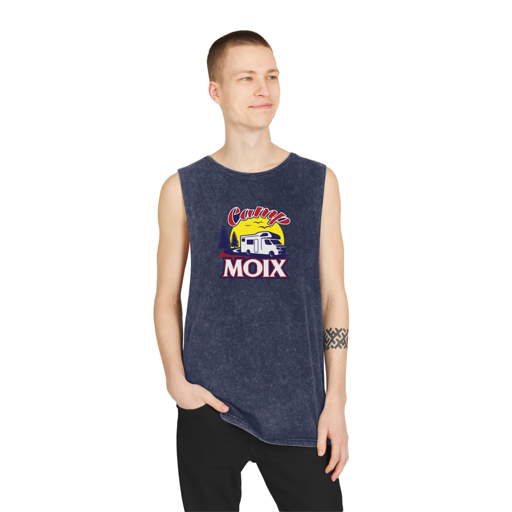 Retro RV Camping Tank Top — "Campy Moix" Stonewash Sleeveless Tee
